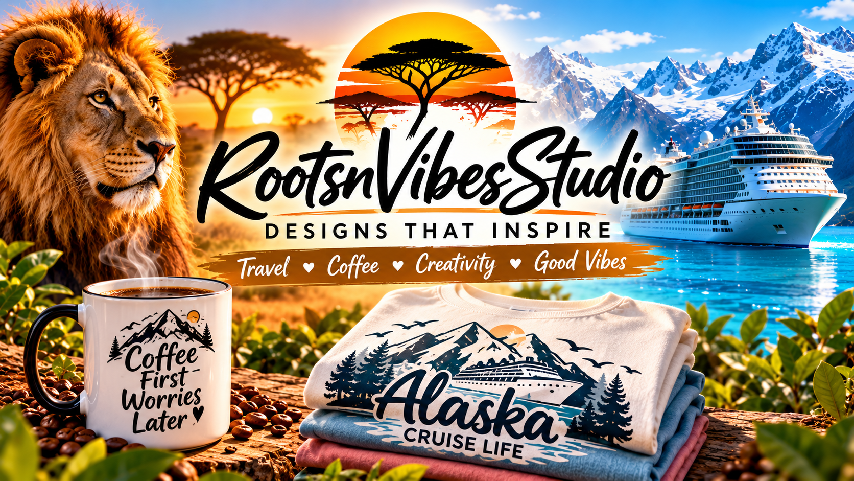 RootsnVibesStudio art featuring African sunset, coffee and a cruise voyage