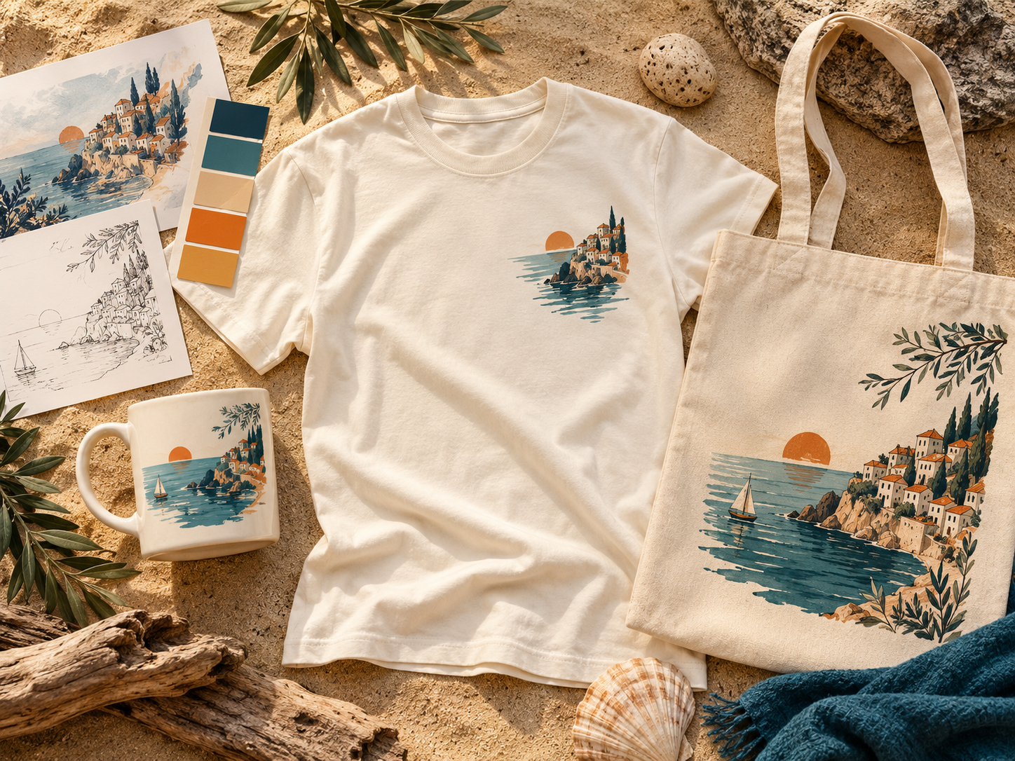 Illustrative finished shirt and mug with a travel-inspired design