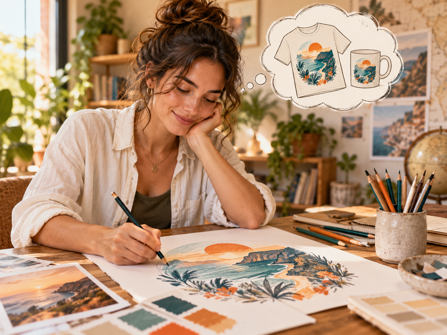 A person sketching a travel-inspired design while imagining it on a shirt and mug