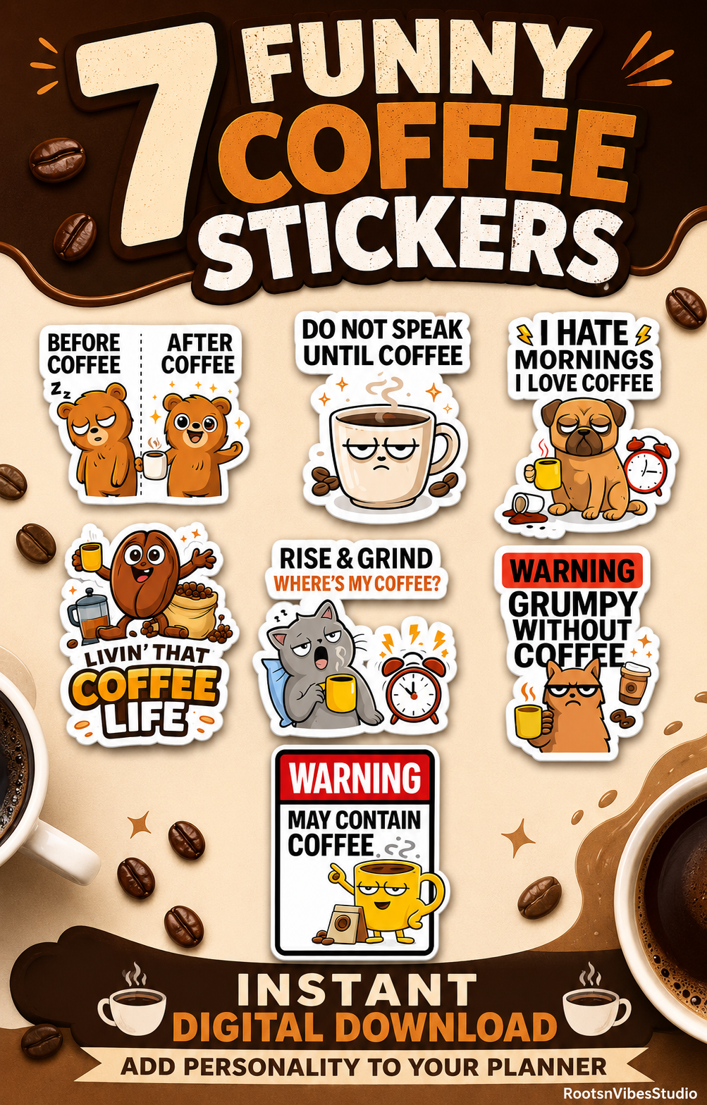 Funny Coffee Stickers · Seven PNG Bundle preview