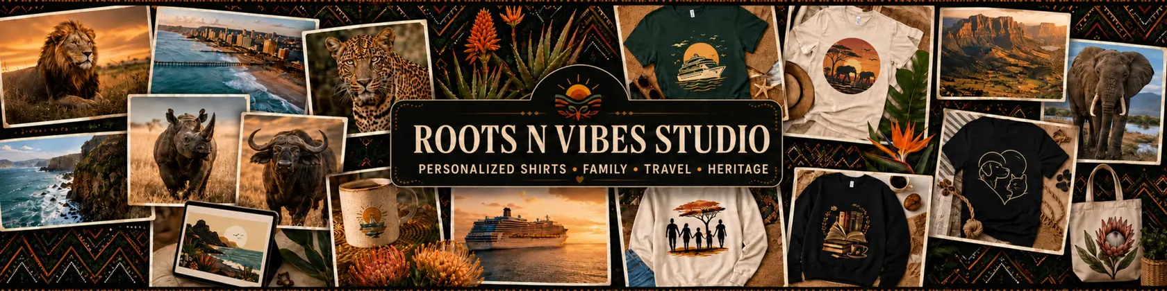 RootsnVibesStudio Etsy shop banner showing travel, African heritage and apparel