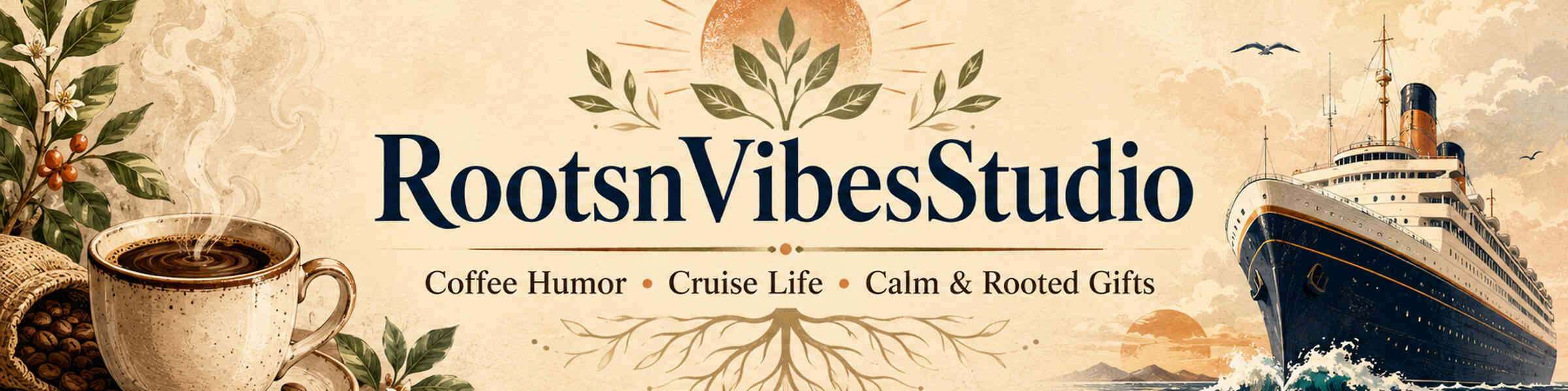 RootsnVibesStudio Redbubble shop banner with coffee, cruise ship and botanical artwork