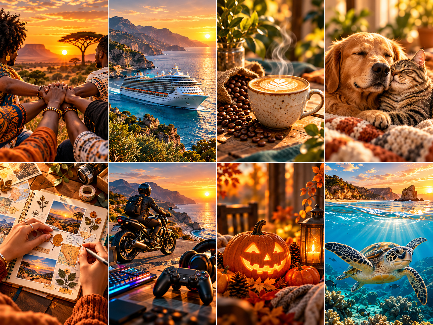 A collage of RootsnVibesStudio themes: Ubuntu, cruise travel, coffee, pets, journaling, hobbies, Halloween and ocean life